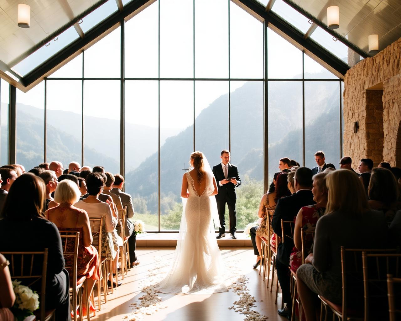 Cerimônia de casamento em capela de vidro com vista para as montanhas da Serra Gaúcha