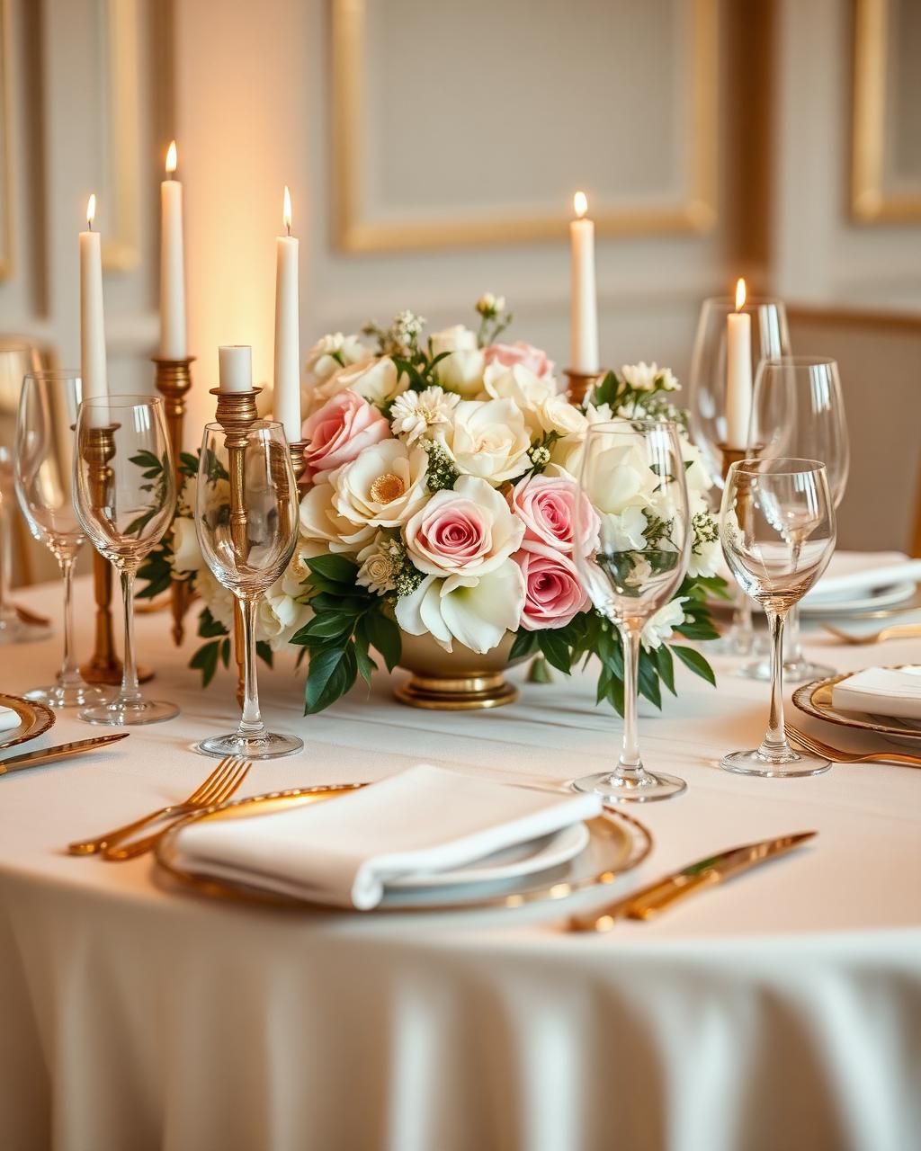 Mesa posta de casamento sofisticado com flores e velas — cerimonial de casamento Serra Gaúcha