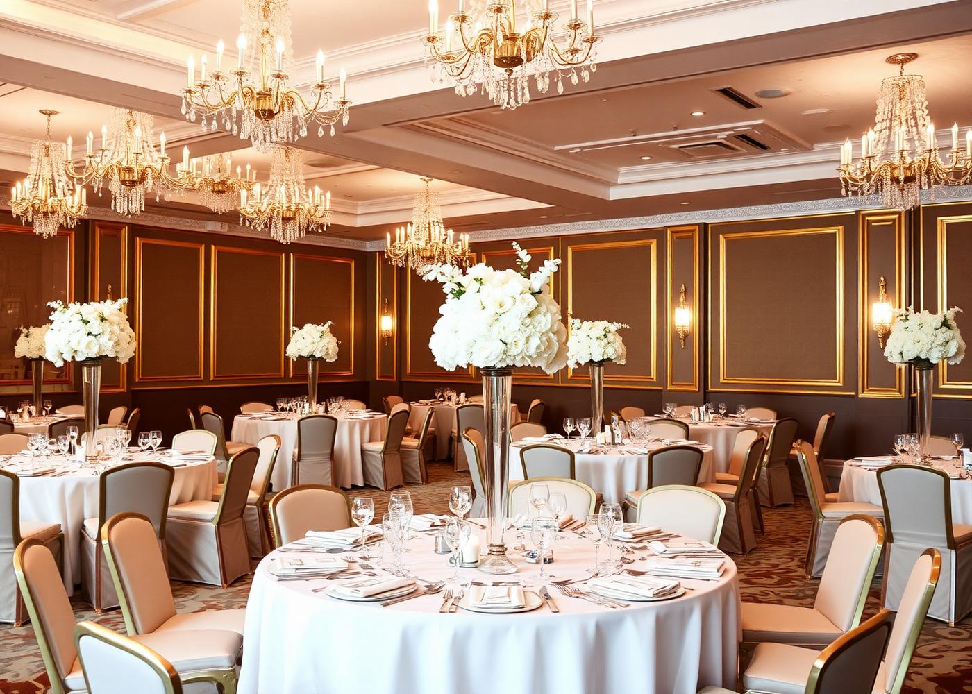 Salão de recepção de casamento com arranjos florais altos e lustres