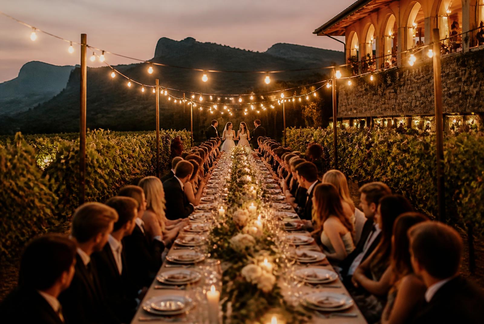 Recepção de casamento ao entardecer em vinícola na Serra Gaúcha — destination wedding